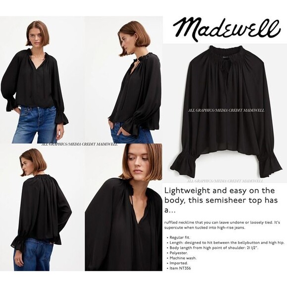 NWT Madewell Black Semi-Sheer Long Sleeve Tie Neck Ruffled Cuff Chiffon Blouse - Picture 3 of 12